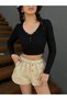 Women's Black Open Collar Snap Detailed Long Sleeve Crop Ribbed Knitted Blouse 29128 - 5