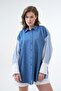 Women's Blue Denim and Striped Fabric Garnished Oversize Design Shirt 29068 - 6