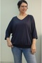 Navy Blue Skirt Cuffed V-Neck Bat Sleeve Three-Quarter Sleeve Combed Viscose T-Shirt - 3