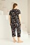 Black Floral Mother's Tunic Plus Size Capri-Battal Size Lace Detail Short Sleeve Pajama Set - 5