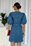 Mini Balloon Sleeve V-Neck Denim Women's Dress - Blue - 4