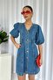 Mini Balloon Sleeve V-Neck Denim Women's Dress - Blue
