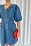 Mini Balloon Sleeve V-Neck Denim Women's Dress - Blue - 3