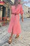 Italian Coral Long Sleeve Striped Slit Long Loose Woven Shirt Dress 125 62 - 3