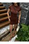 Women's Brown Sandy Fabric Mini Dress with Drawstring Detail 29123 - 3