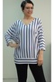 White Indigo Blue Navy Striped V-Neck Bat Three-Quarter Sleeve Combed Viscose T-Shirt - 5