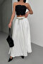 Women's White Stone Detailed Crush Effect Long Flared Skirt - 5