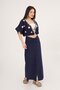 Seashell Embroidered Blouse and Gather Detail Slit Skirt Navy Blue Double Set - 5