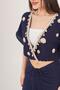 Seashell Embroidered Blouse and Gather Detail Slit Skirt Navy Blue Double Set - 3