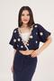 Seashell Embroidered Blouse and Gather Detail Slit Skirt Navy Blue Double Set - 4