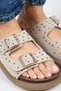 (Sude) Women's Genuine Leather Double Buckle Trock Beige Slippers - 4