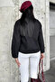 Black Front Tie, Pocket Detail, Oval Cutting, Loose Jeans Jacket - 4