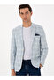 Light Blue Slim Fit Linen Blend Plaid Jacket 50300065-Vr003 - 3