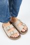 (Sude) Women's Genuine Leather Double Buckle Trock Beige Slippers - 3