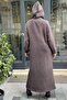 Brown Double-Sided Hooded Double Soft Stamp Long Dress with Slit Detail - 4