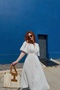 Women's V-Neck Ecru Muslin Fabric Short Sleeve Dress - 4