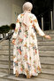 Floral Patterned Beige Hijab Dress 22052BEIGE - 4