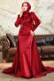 Tailored Burgundy Satin Hijab Evening Dress 22881Br - 2