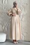Belted Collar and Sleeves Balloon Beige Dress