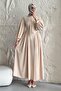 Belted Collar and Sleeves Balloon Beige Dress - 4