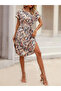 Women Short Sleeve Crew Neck Floral Pattern Belted Single Jersey Midi Dress
