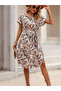 Women Short Sleeve Crew Neck Floral Pattern Belted Single Jersey Midi Dress - 5
