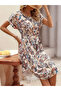 Women Short Sleeve Crew Neck Floral Pattern Belted Single Jersey Midi Dress - 7