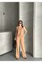 Double Fabric Bow Button Lined Vest Front Pleated Pocket Half Elastic Waist Wide Pants Suit - 3