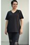 Black V-Neck Front Shoulder Black and White Sequin Pallette Detailed Short-Sleeved Combed Viscose T-Shirt - 7