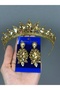 Neri Model Wedding Henna Costume Crown and Shuttle Drop Earrings Set Honey - 3