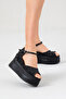 Black Glitter Women's Wedge Heeled Sandals 9cm Comfortable Shoes