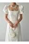 White Square Neck Eyelet Embroidery Long Dress - 7