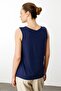 Women's Round Neck T-Shirt with Stone Collar and Straps, Navy Blue - 6