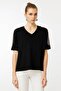 Women's V-neck Combed Cotton T-shirt with Stones Black - 3