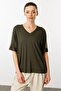 Women's V-neck Combed Cotton T-shirt with Stones on the Shoulders Khaki - 4