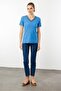 Women's V-Neck Collar Embroidered Cotton T-Shirt Blue - 3