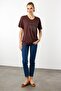Women's Crew Neck Stone Printed Combed Cotton T-Shirt Brown - 6