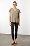 Women's V-Neck Shoulders Stone Printed Combed Cotton T-Shirt Khaki - 6