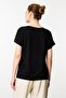 Women's V-Neck Shoulders Stone Printed Combed Cotton T-Shirt Black - 3