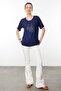 Women's Crew Neck Stone Printed Combed Cotton T-Shirt Navy Blue - 3