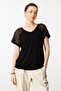 Women's V-Neck Shoulders Stone Printed Combed Cotton T-Shirt Black - 2