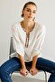 Women's Open Collar Collar Ethnic Embroidered Shirt Ecru - 2