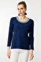 Women's Crew Neck Collar Embroidered Cotton Blouse Navy Blue - 4