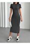 Women's Black Striped Slit Stretchy Long Knitted Dress - 3