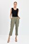 Women's Elastic Waist Carrot Cut Linen Look Trousers with Side Pockets Khaki