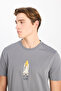 100% Cotton Regular Fit Regular Cut Crew Neck Printed Gray T-Shirt - 4