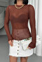 Women's Bitter Brown Crew Neck Stripe Detailed Premium Transparent Blouse - 7