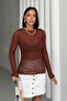 Women's Bitter Brown Crew Neck Stripe Detailed Premium Transparent Blouse - 4