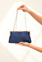Women's Navy Blue Satin Evening Dress Stone Detailed Accessory Portfolio Clutch Evening Bag