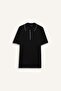 Slim Fit Slim Fit Short Sleeve Ribbed Camisole Half Zip Black Polo T-Shirt D3948Ax25Sm - 7